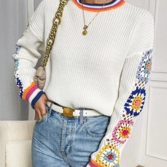 Floral Print Crochet Knit Sweater Top - Picture 3 of 5